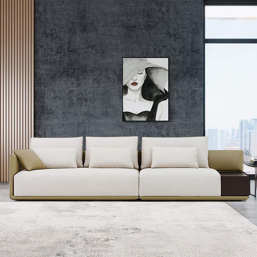 Modern Off-White 4-Seater Sofa PU Leather Upholstered with Side Table-Furniture,Living Room Furniture,Sofas & Loveseats