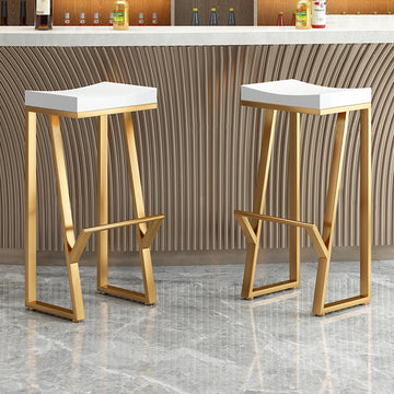 25.6" Modern White Solid Wood Bar Stool Backless with Golden Footrest
