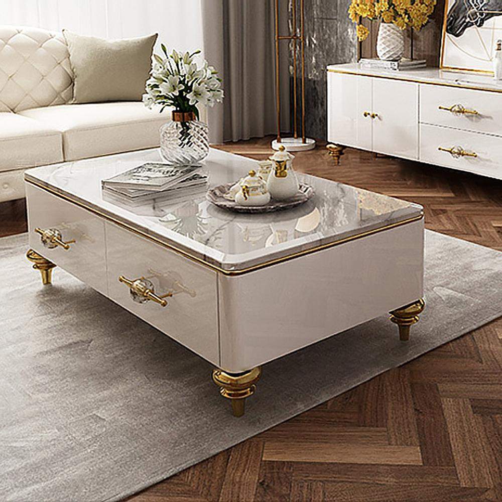 51.2" Modern Marble Coffee Table & Storage Drawers Gold Stainless Steel Legs-Richsoul-Coffee Tables,Furniture,Living Room Furniture