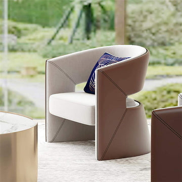 Modern Brown & Beige Solid Wood & Faux Leather Accent Chair in Barrel Shaped-Chairs & Recliners,Furniture,Living Room Furniture