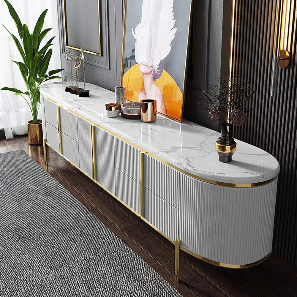 Modern Oval TV Stand White Faux Marble Top with Drawers & Storage for 85 Inch TV-Richsoul-Furniture,Living Room Furniture,TV Stands