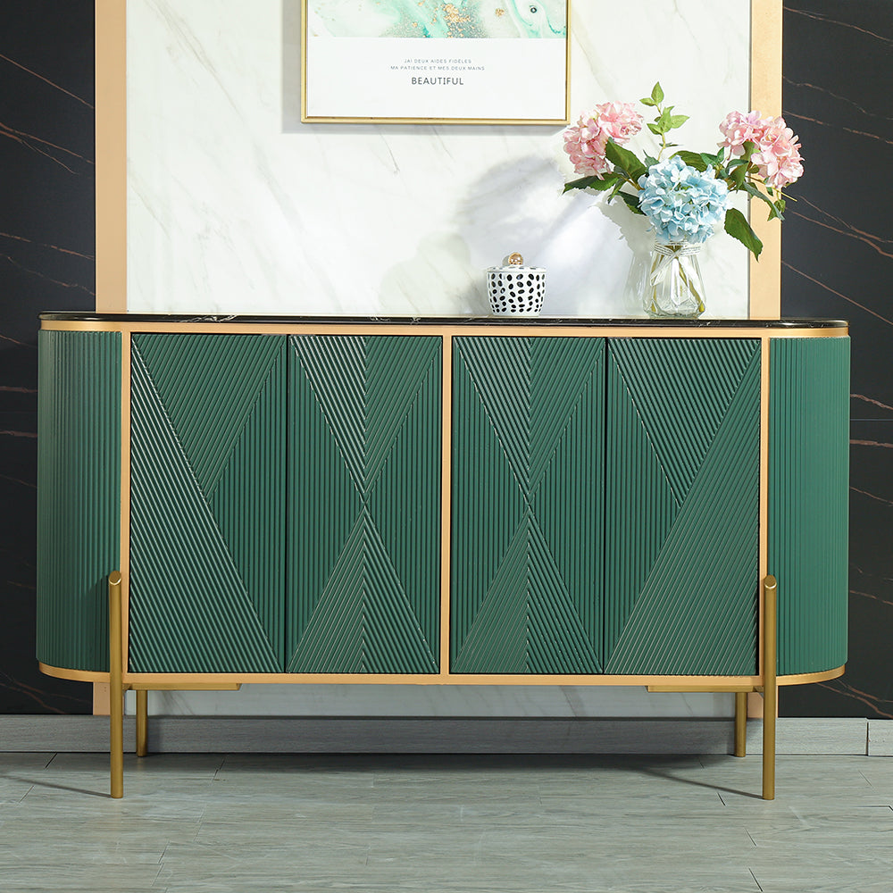 Green Sideboard Buffet Oval Faux Marble Top 59" Sideboard Cabinet 4 Doors & Shelves