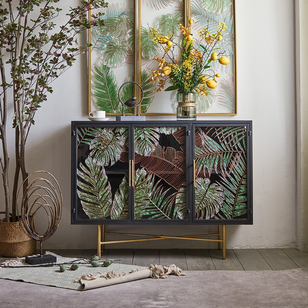 41" Modern Sideboard Buffet Colored Drawing Surface Tempered Glass Doors and Shelves in Gold