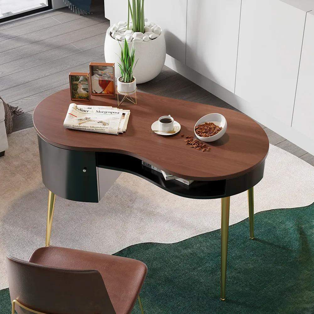 Mid Century Modern Curved Office Desk Computer Desk with Shelf & Storage-Desks,Furniture,Office Furniture