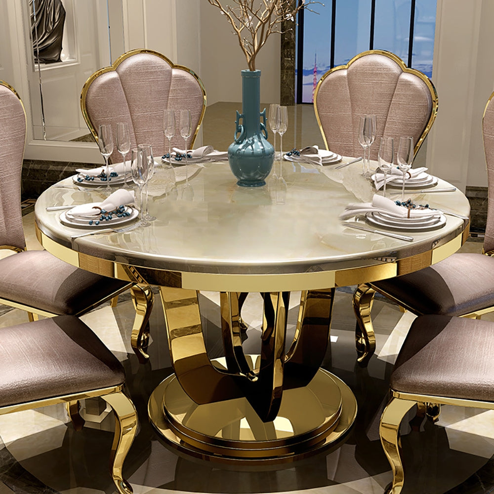 47" Modern Round Faux Marble Top Dining Table with Stainless Steel Base in Beige