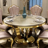 47" Modern Round Faux Marble Top Dining Table with Stainless Steel Base in Beige