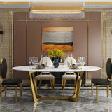 Oval Dining Table White Faux Marble Dining Table Modern 63" Dining Table with Gold Frame