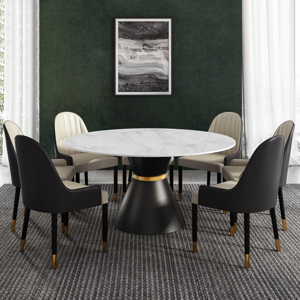 47.2" Round White Stone Dining Table Black Carbon Steel Base