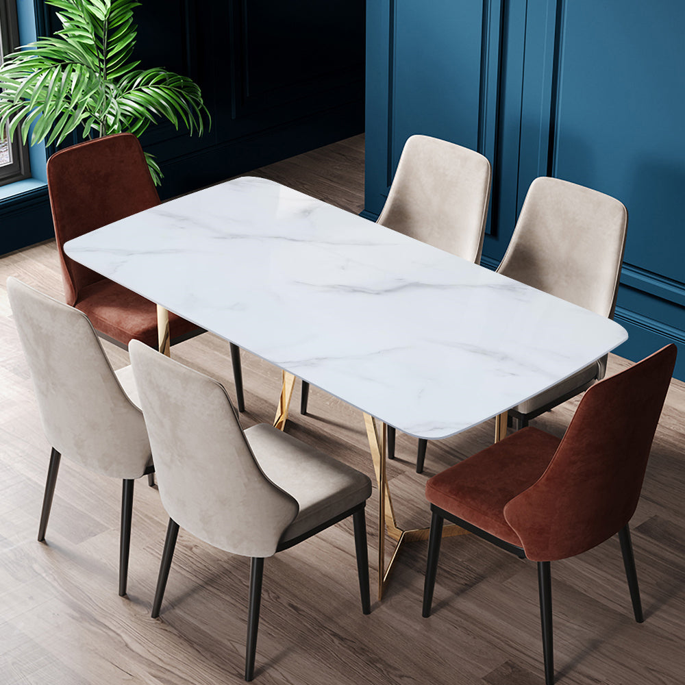 63" Rectangle Modern White Faux Marble Dining Table with Double Pedestal in Gold