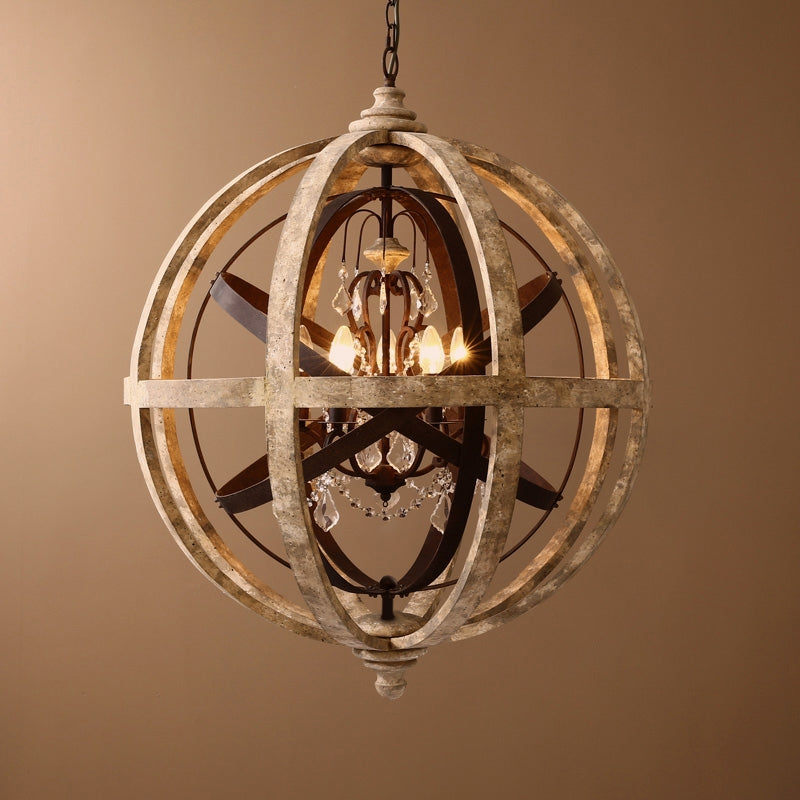Retro Rustic Weathered Wooden Globe Metal Orb Crystal 5-Light Chandelier in Large