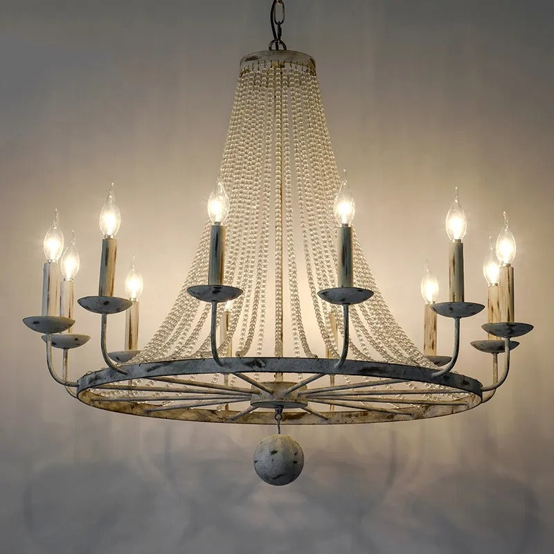 Pena Rustic Candle-Shaped 12-Light Crystal Bead Strands Metal Wheel Chandelier
