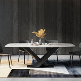 63" Modern Rectangular White Faux Marble Dining Table with Metal X-Base