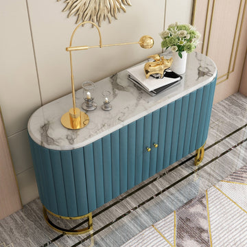 Modern Luxury 2-Door Sideboard with Marble Top Stainless Steel Frame in Gold Cabinet Buffet Table Blue & White
