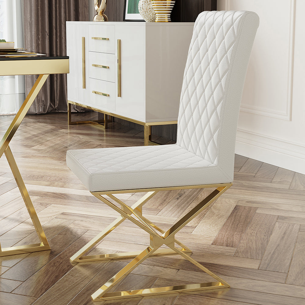 Modern White Leather Dining Room Chair Upholstered Gold Legs Set of 2