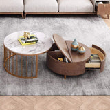 White&Walnut Round Nesting Coffee Table with Storage Rotating Top in Rose Gold Set of 2-Richsoul-Coffee Tables,Furniture,Living Room Furniture