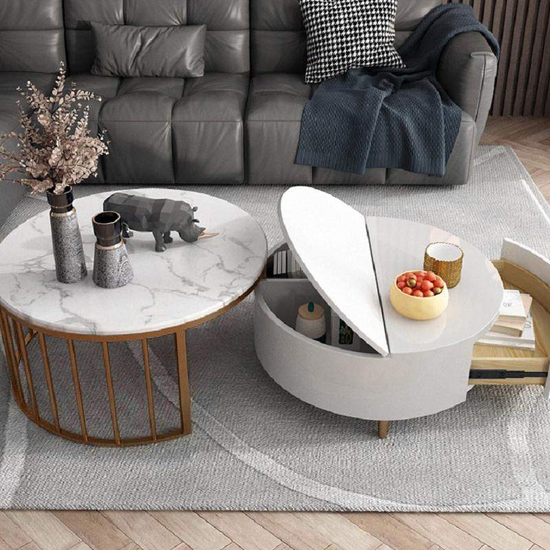 White&Walnut Round Nesting Coffee Table with Storage Rotating Top in Rose Gold Set of 2-Richsoul-Coffee Tables,Furniture,Living Room Furniture