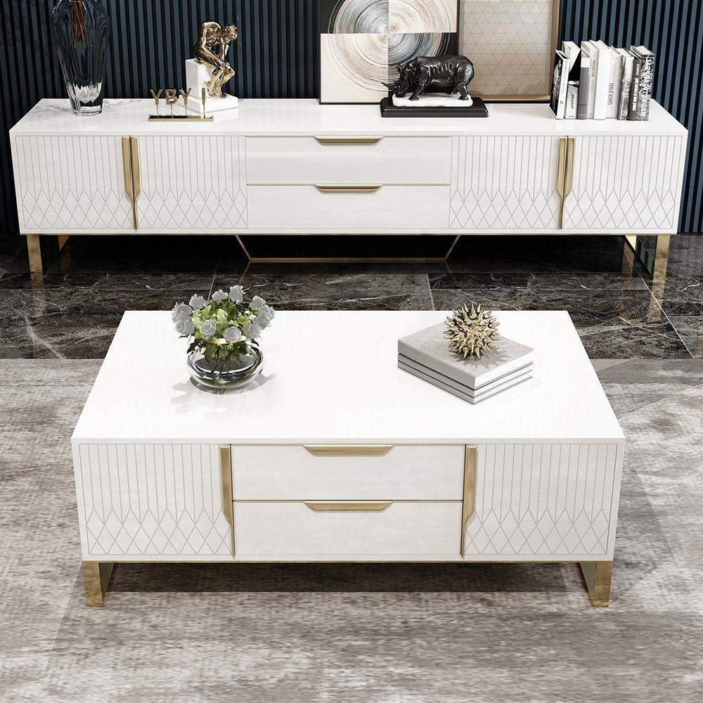 White Rectangular Coffee Table with Storage of Drawers & Doors in Gold-Richsoul-Coffee Tables,Furniture,Living Room Furniture
