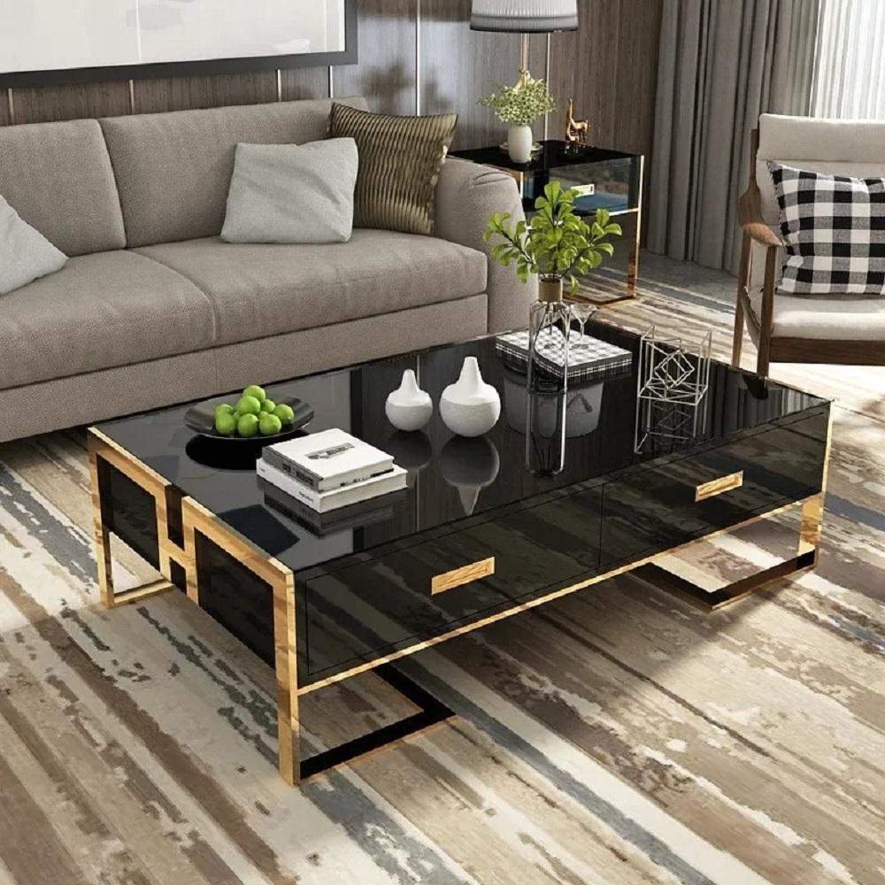 Jocise Contemporary White Rectangular Coffee Table with Drawers Lacquer Gold Base-Richsoul-Coffee Tables,Furniture,Living Room Furniture