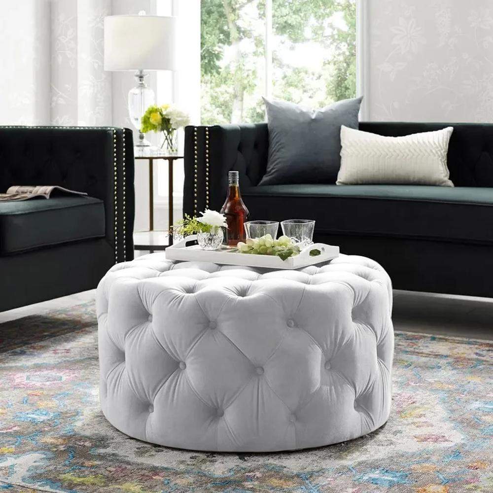Tufted Ottoman Light Gray Velvet Ottoman Coffee Table Tufted Cocktail Ottoman Round-Richsoul-Furniture,Living Room Furniture,Ottomans & Benches