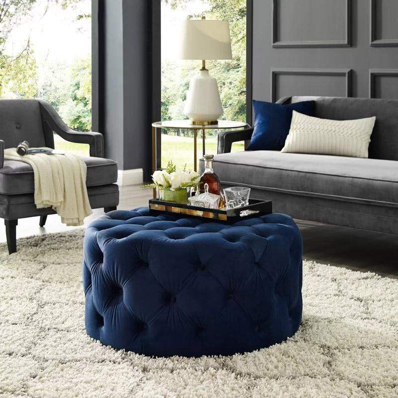 Tufted Ottoman Light Gray Velvet Ottoman Coffee Table Tufted Cocktail Ottoman Round-Richsoul-Furniture,Living Room Furniture,Ottomans & Benches