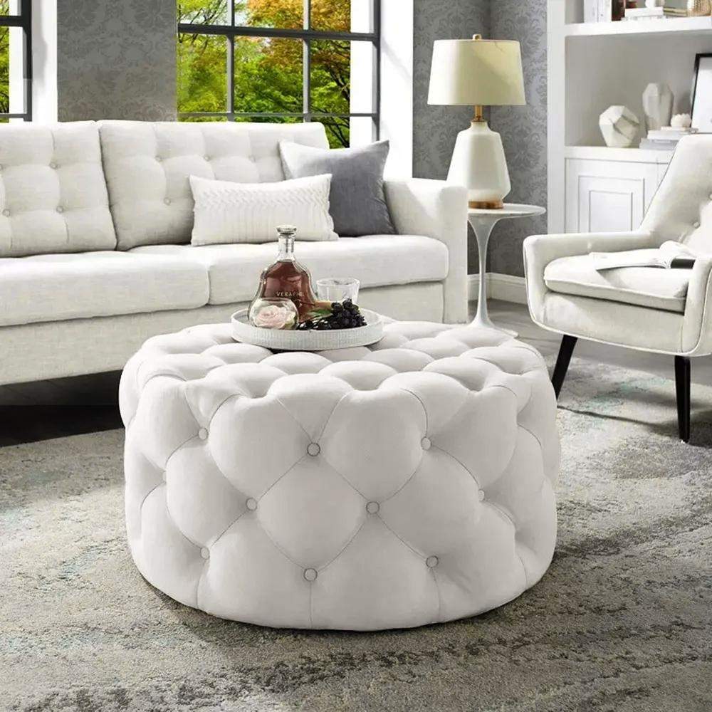Tufted Ottoman Light Gray Velvet Ottoman Coffee Table Tufted Cocktail Ottoman Round-Richsoul-Furniture,Living Room Furniture,Ottomans & Benches