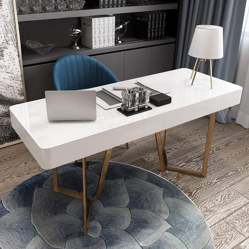 2-Drawers White Office Desk 55" Modern Writing Desk Gold Tripod Base Stainless Steel-Desks,Furniture,Office Furniture