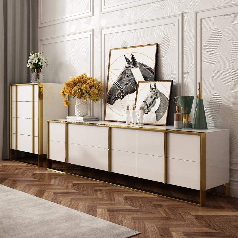 Zack White 78" TV Stand Modern Gold Media Console with 6-Drawer & Glass Top-Richsoul-Furniture,Living Room Furniture,TV Stands