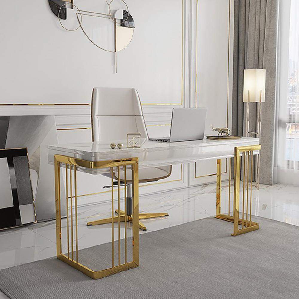 47" Glossy White Writing Desk with Drawer Modern Office Desk Gold Base-Desks,Furniture,Office Furniture