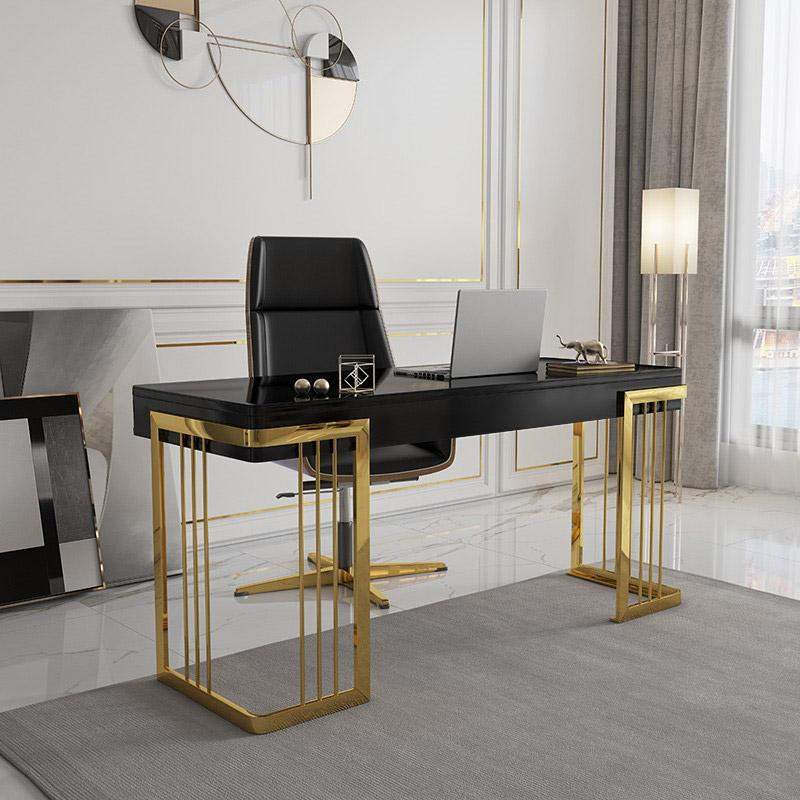 47" Glossy White Writing Desk with Drawer Modern Office Desk Gold Base-Desks,Furniture,Office Furniture