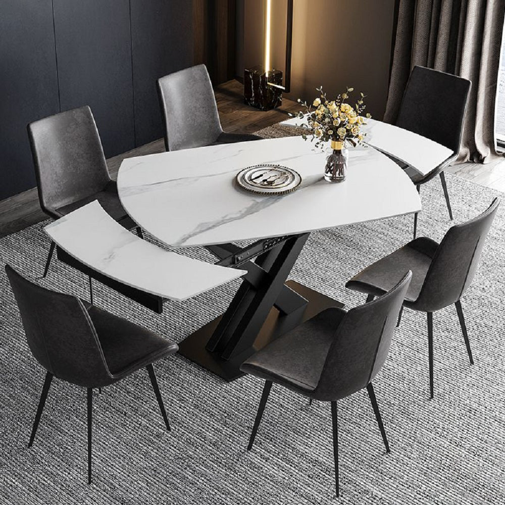 71" Modern Extendable White Stone Dining Table with Drop Leaf Trestle Base 4-6 Seater