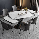 71" Modern Extendable White Stone Dining Table with Drop Leaf Trestle Base 4-6 Seater