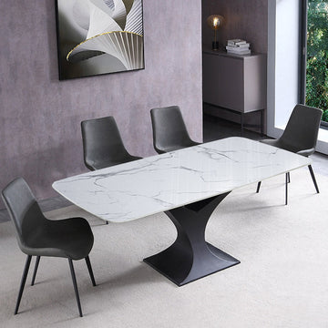 71" Modern Rectangle Stone Dining Table with Black Metal Y-Base in White