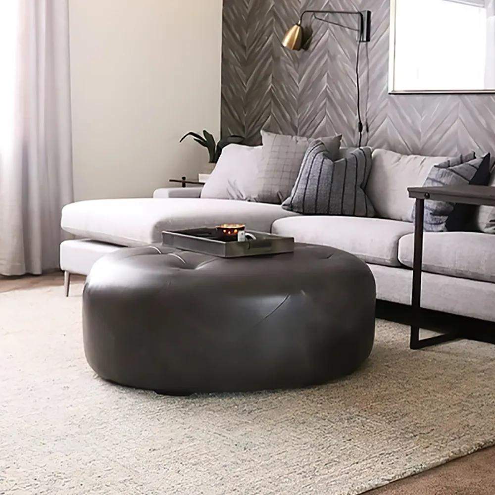 Brown 35.4''Dia Ottoman Round Stool Upholstered PU Leather Tufted Stool-Richsoul-Furniture,Living Room Furniture,Ottomans & Benches