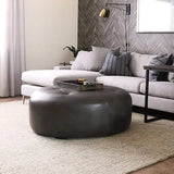 Brown 35.4''Dia Ottoman Round Stool Upholstered PU Leather Tufted Stool-Richsoul-Furniture,Living Room Furniture,Ottomans & Benches