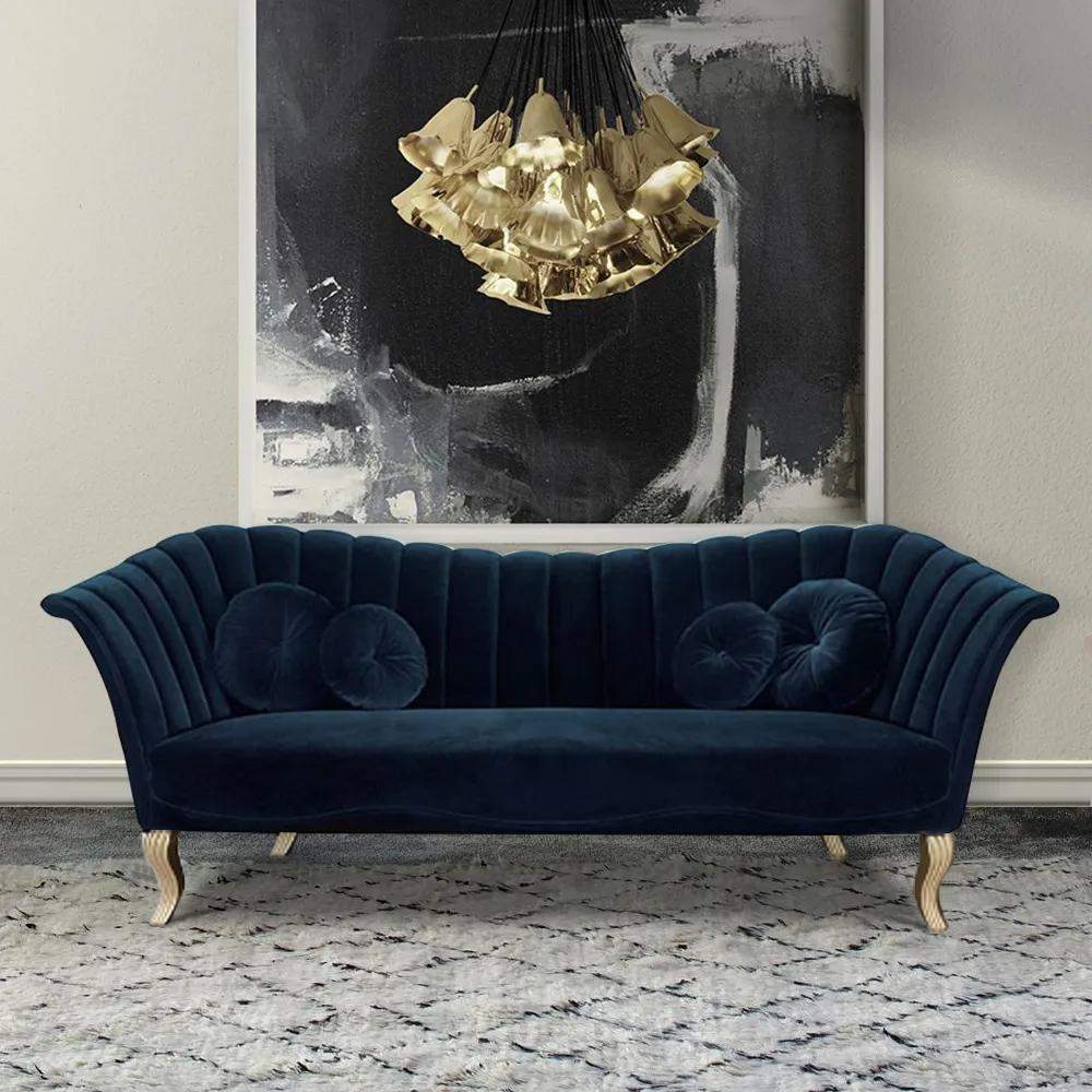 86.6" Black Velvet Upholstered Sofa Channel Tufted 3-Seater Sofa in Gold-Richsoul-Furniture,Living Room Furniture,Sofas & Loveseats