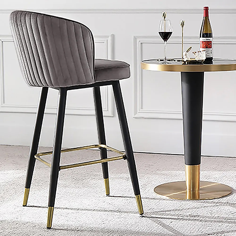 Gray Counter Height Bar Stool Tufted Upholstered Velvet Counter Stool Footrest