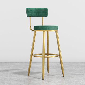 Round Green Bar Height Stool Velvet Upholstery with Back & Golden Footrest