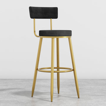 Round Black Velvet Upholstery Tall Bar Stool with Back & Golden Footrest