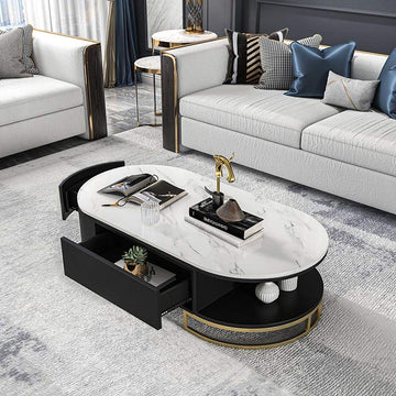 White Oval Storage Coffee Table with Drawers Stone Gold Base-Richsoul-Coffee Tables,Furniture,Living Room Furniture
