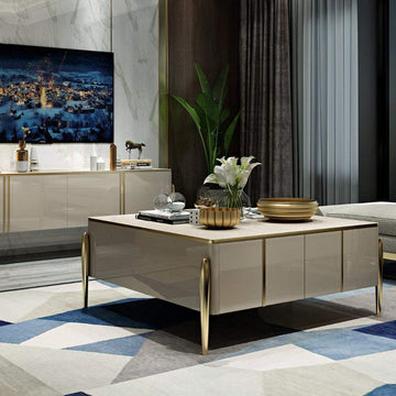 Champagne Square Coffee Table with 4-Drawer Accent Table Tempered Glass Top-Richsoul-Coffee Tables,Furniture,Living Room Furniture