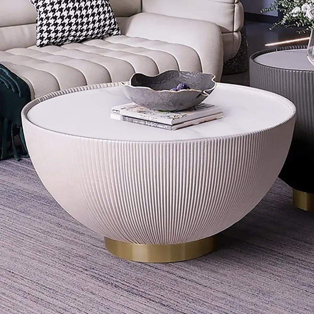 Beige Drum Coffee Table Stone Round PU-Leather Accent Table in Gold-Richsoul-Coffee Tables,Furniture,Living Room Furniture