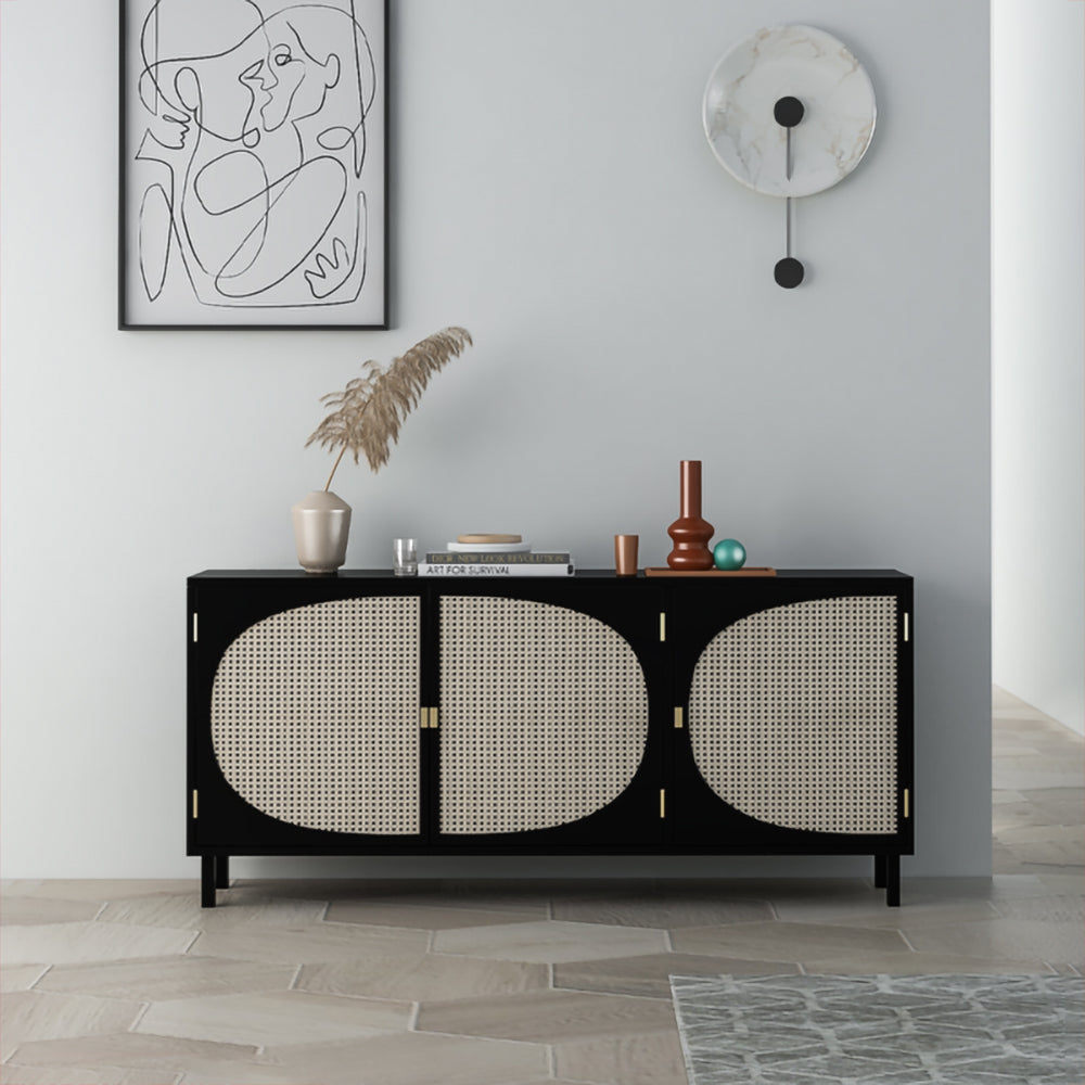 63" Rectangular Black Rattan Sideboard Buffet 3 Doors Storage Cabinet Plywood