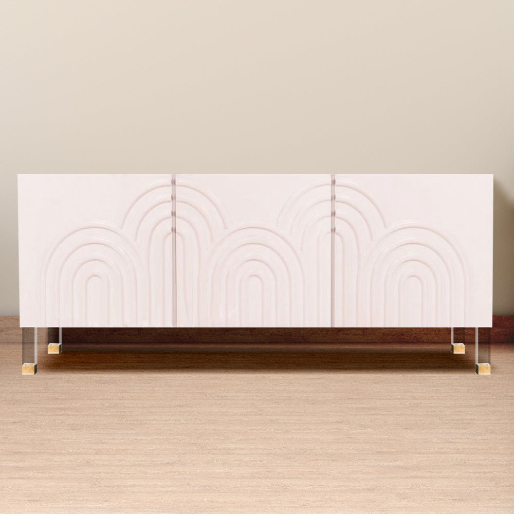 Pink Credenza Cabinet 3 Door Wavy Pattern Sideboard Acrylic Legs