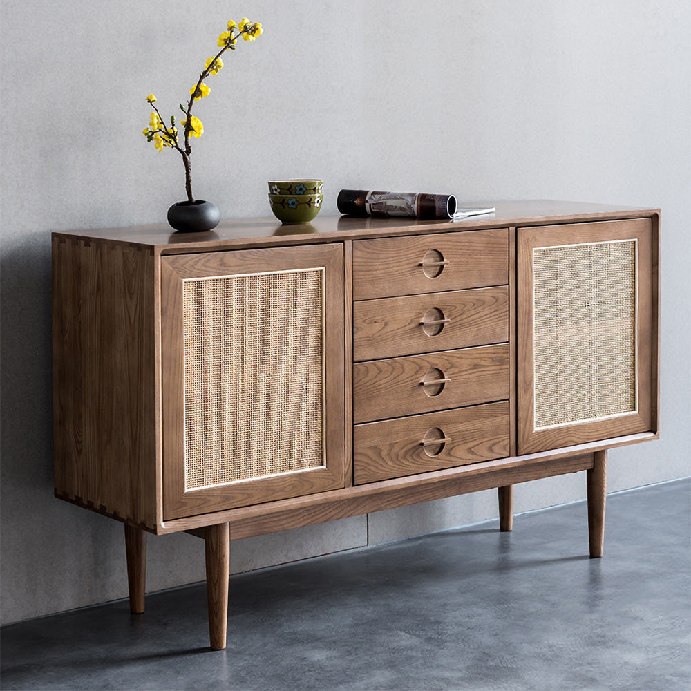 55" Cottage Walnut Sideboard Buffet Rattan with 2 Doors 4 Drawers