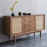 55" Cottage Walnut Sideboard Buffet Rattan with 2 Doors 4 Drawers
