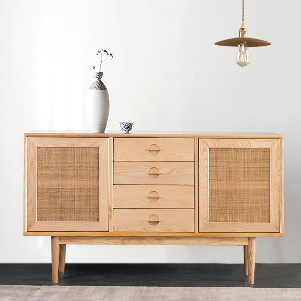 55" Cottage Walnut Sideboard Buffet Rattan with 2 Doors 4 Drawers