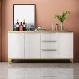 55" White Sideboard with Tempered Glass Top and 3 Drawers in Gold Finish