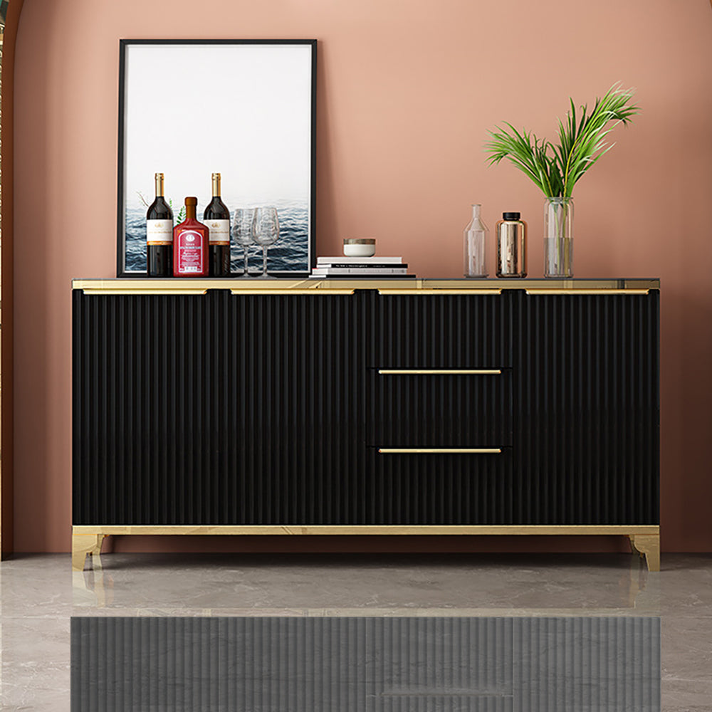 55" White Sideboard with Tempered Glass Top and 3 Drawers in Gold Finish