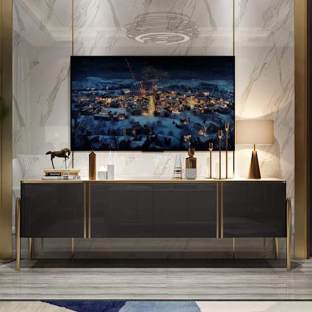 Champagne TV Stand Post-Modern Rectangle TV Console with 4 Doors for TVs Up To 85"-Richsoul-Furniture,Living Room Furniture,TV Stands