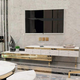 White TV Stand Tempered Glass Top Extendable Entertainment 3-Drawer Cabinet in Gold-Richsoul-Furniture,Living Room Furniture,TV Stands